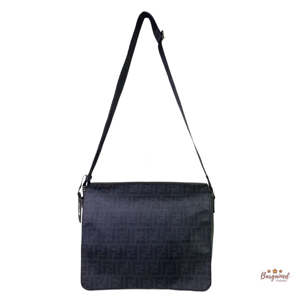 Authentic Fendi Black Zucca Print Coated Canvas Messenger Crossbody Flap Bag